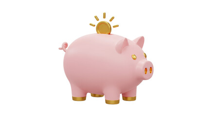 Isolated Pink Piggy Bank with Golden Coin and Sunburst Detail