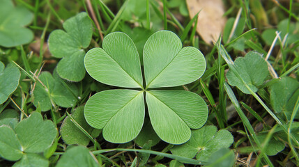 Close-Up of a Lucky Four-Leaf Clover in a Natural Setting. Unique discovery of a rare 4 leaf clover for St Patricks day charm or to symbolize luck, good fortune, or prosperity.