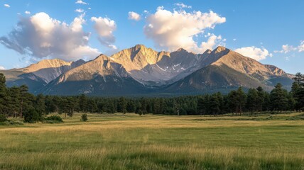 Fototapeta premium Golden Hour Mountain Range Panorama: Green Meadow and Majestic Peaks