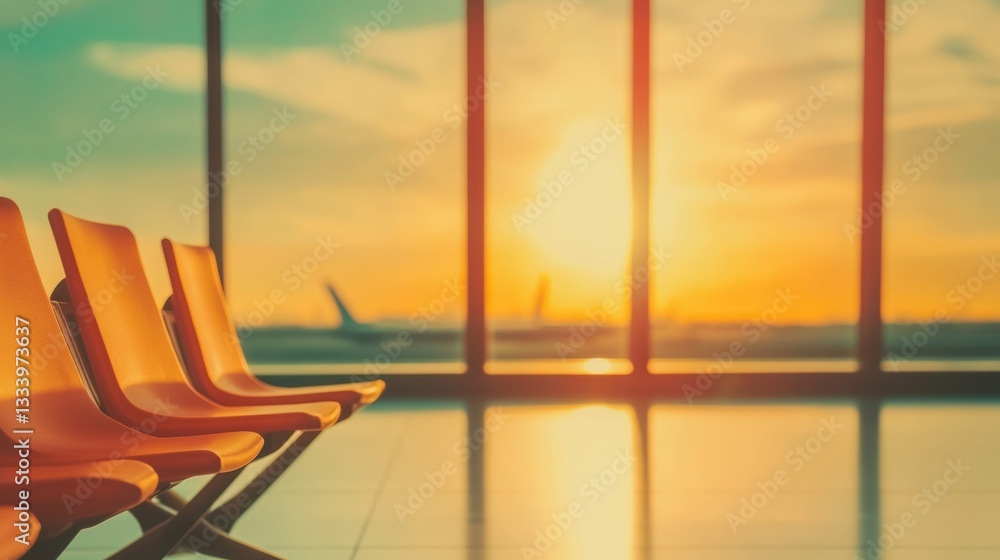 Poster sunset casts a warm glow through large windows while empty seats await travelers in a quiet airport 