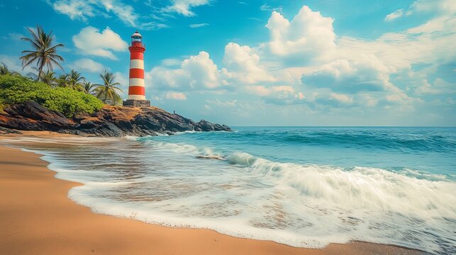 A Lighthouse Standing on Kovalam Beach – Scenic Coastal Landscape with Ocean Waves and Sunset Views
