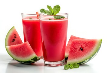 Watermelon juice in a glass with watermelons on a wooden table