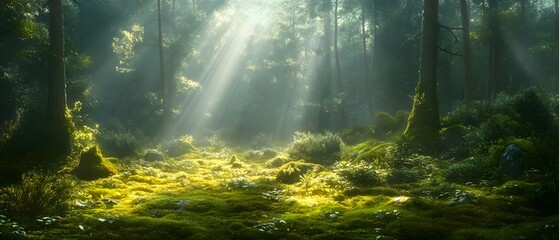 Ethereal sunlight filters through lush forest canopy
