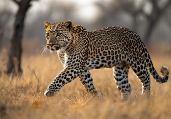 Majestic leopard stalking gracefully through golden grasslands during sunset with soft light highlighting its beautiful spotted coat in the wilderness