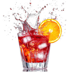 Vibrant Negroni Cocktail with Orange Slice and Splashing Liquid, Isolated on a Transparent Background