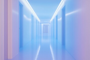 Long illuminated hospital hallway with doors and shiny floor for futuristic design