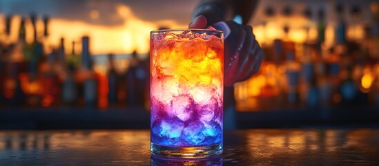 Vibrant layered cocktail in a glass on a bar.