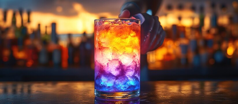 Vibrant layered cocktail in a glass on a bar.