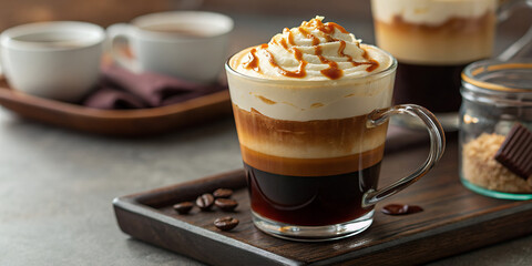 Tiramisu Latte with Whipped Cream and Caramel Drizzle.
