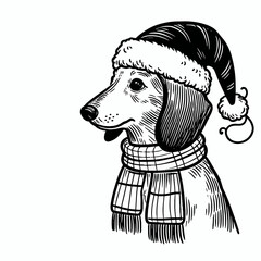 Fototapeta premium Dachshund dog wearing a santa hat wearing a scarf and hat vector mascot illustration a joyful holiday symbol