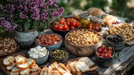 Fototapeta premium Bountiful Outdoor Picnic Spread Delicious Snacks Antipasto Fresh Fruit