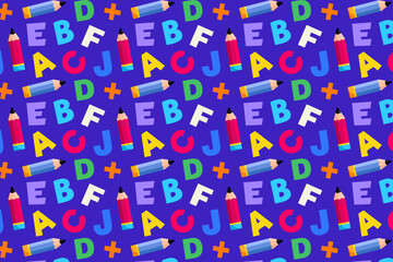 back to school letters  and pencils seamless pattern, isolated blue background, September eve background, autumn, cover, packaging, fabric, textile, wallpaper, vector