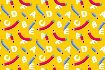 Seamless pattern with pencils on the isolated yellow background, autumn eve, back to school, cover, textile, fabric, packaging, clothing, wallpaper,  vector 