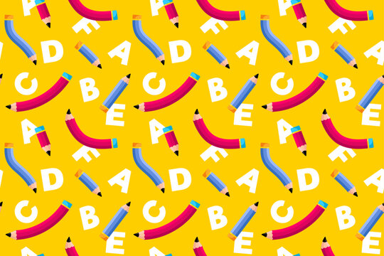Seamless pattern with pencils on the isolated yellow background, autumn eve, back to school, cover, textile, fabric, packaging, clothing, wallpaper,  vector 