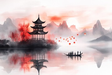 Obraz premium A dreamy watercolor scene of a group of people releasing lanterns into the night sky, their warm glow reflecting in a calm lake below, representing hope and unity