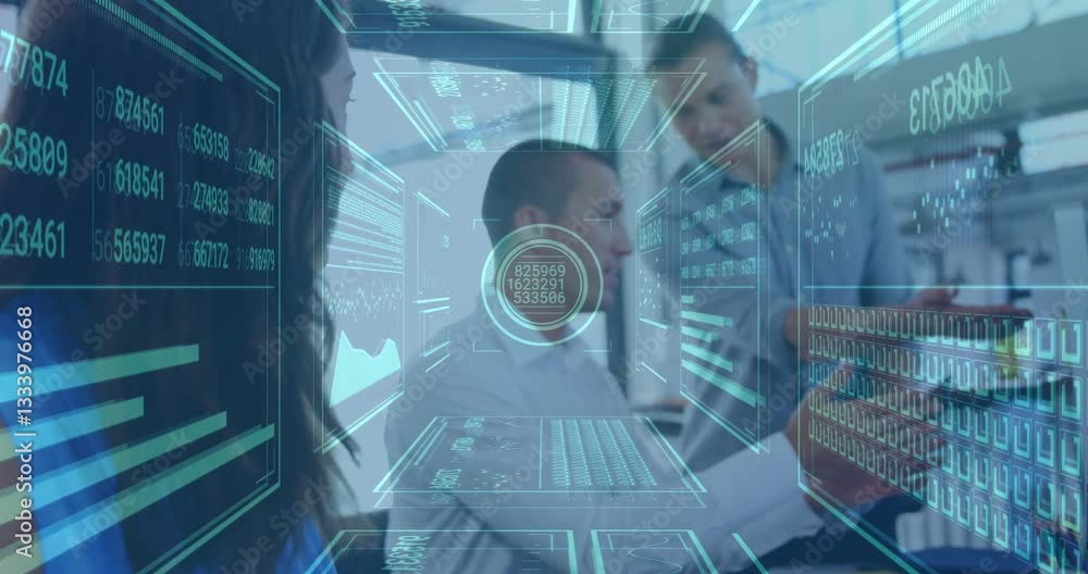 Aufkleber collaborating in office, business team working with digital data processing overlay