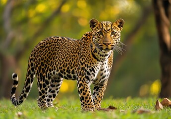 Majestic leopard standing gracefully in a lush green landscape showcasing bold spots and captivating eyes under natural sunlight in a serene environment