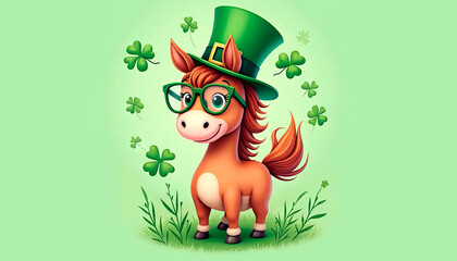 Fototapeta premium A cheerful horse wearing a green leprechaun hat and glasses, surrounded by clovers, celebrating St. Patrick's Day