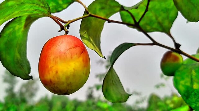 
Red apples are blooming on the branches of the garden.