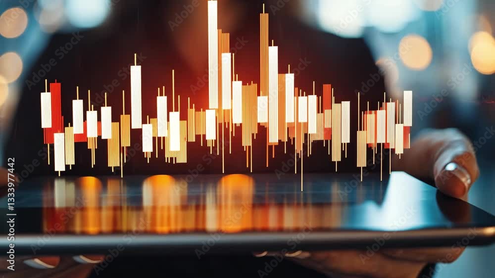Poster digital financial data visualization with glowing bar charts on tablet, showcasing market trends and