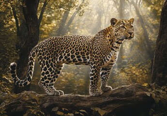 Majestic leopard standing on a tree trunk in a sunlit forest, showcasing its beautiful spotted coat and poised posture amidst natural surroundings