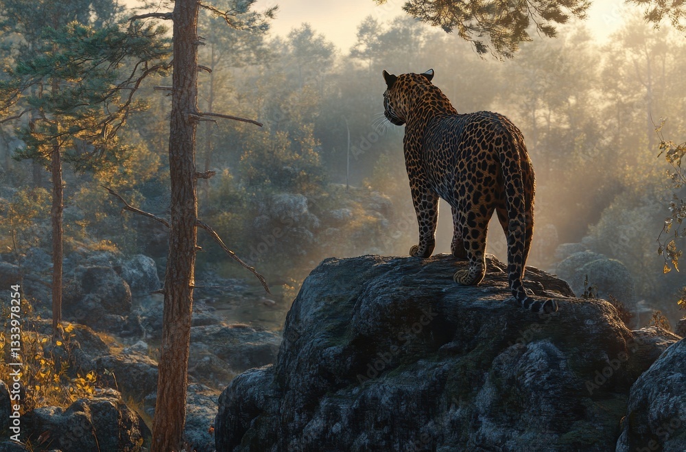 Poster majestic leopard standing on rock in forest at dawn surrounded by fog and sunlight creating a serene