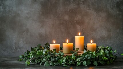 Five burning candles are placed within green decorative greenery
