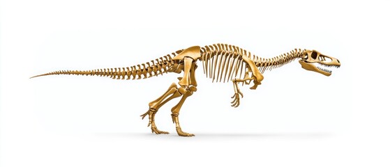 Golden dinosaur skeleton model museum exhibit 3d sculpture studio environment side view fossil representation