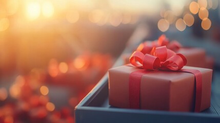 Colorful gifts adorned with red bows are arranged beautifully, radiating warmth in the golden light of a setting sun during a festive gathering