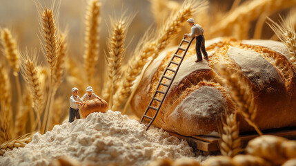 a tiny worker preparing bread with some of wheat at the back