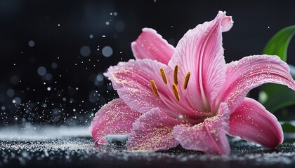 Close-up of pink stargazer lily with intricate details on a deep black surface showcasing vivid pollen grains, ideal for a macro plant background.