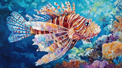 Majestic Lionfish in Vibrant Coral Reef Watercolor Painting
