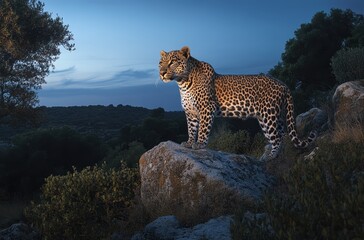 Obraz premium Majestic leopard standing on rocky terrain with a stunning sunset backdrop in a serene natural environment showcasing wildlife beauty and elegance