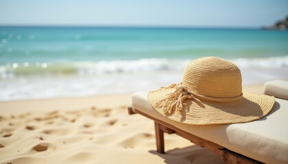 Relaxing Beach Scene with a Straw Hat on a Lounger by the Turquoise Ocean Waves