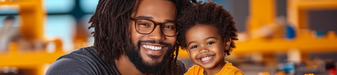 Obraz premium Father and Son Sharing a Bright Smile in a Playful Home Environment. Generative AI