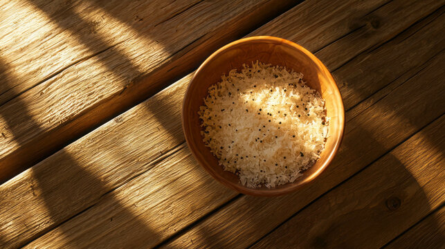 Finely grated cheese in ceramic bowl on wooden table with sunlit shadows - Powered by Adobe