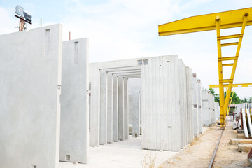 Precast concrete wall factory or precast concrete wall construction site.