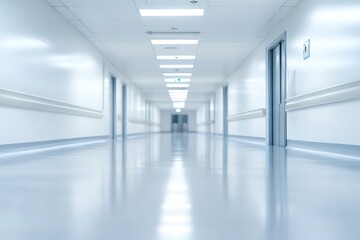Long empty hospital corridor with doors and shiny floor evoking sterile atmosphere