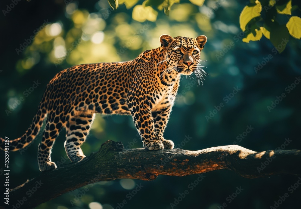 Aufkleber majestic leopard standing proudly on a tree branch surrounded by lush greenery in a vibrant jungle s