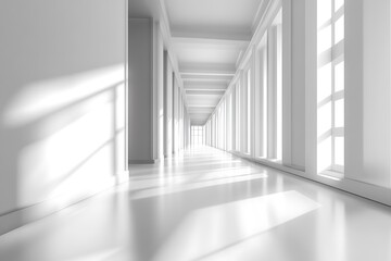 Obraz premium Bright white corridor with sunlight streaming through windows for modern architecture