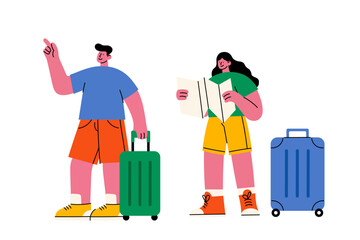 Tourists with luggage and map. Flat vector illustration of two tourists with suitcases, one holding a map. Summer vacation, adventure, and travel concept.