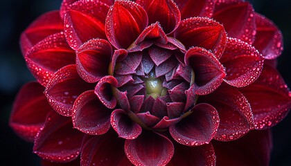 Crimson Dahlia in Spiral Formation Against Deep Black Background - Macro Plant Background