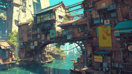 Slum Districts cyberpunk city colorful illustration