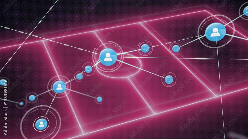 Poster digital grid with glowing lines showing network of connected user icons