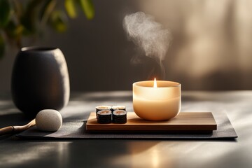 A gothic depiction of a dark wooden table set with an eerie platter of sushi, lit by flickering candlelight, with dramatic shadows and muted tones emphasizing mystery and elegance
