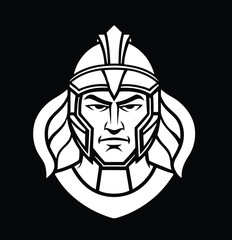Black and white vector illustration of a Spartan warrior helmet logo. Bold, masculine design perfect for emblems, mascots, and sports branding.
