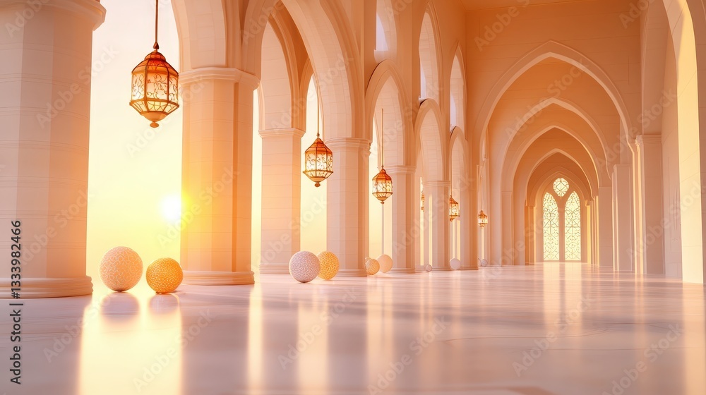 Poster a serene corridor with arched architecture, illuminated by soft sunlight and adorned with decorative