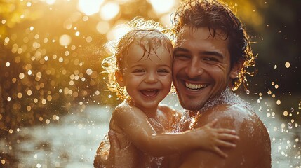 Obraz premium Joyful father and toddler splashing in sunlit stream