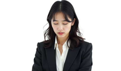 Frustrated Japanese businesswoman stressed tired eyes closed looking down in black blazer white shirt isolated on white background. Corporate stress, mental health visuals.