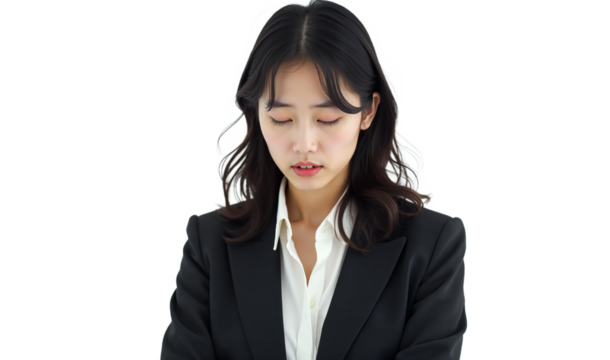 Frustrated Japanese businesswoman stressed tired eyes closed looking down in black blazer white shirt isolated on white background. Corporate stress, mental health visuals.